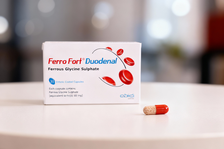 کپسول مکمل آهن روی میز با نورپردازی نرم